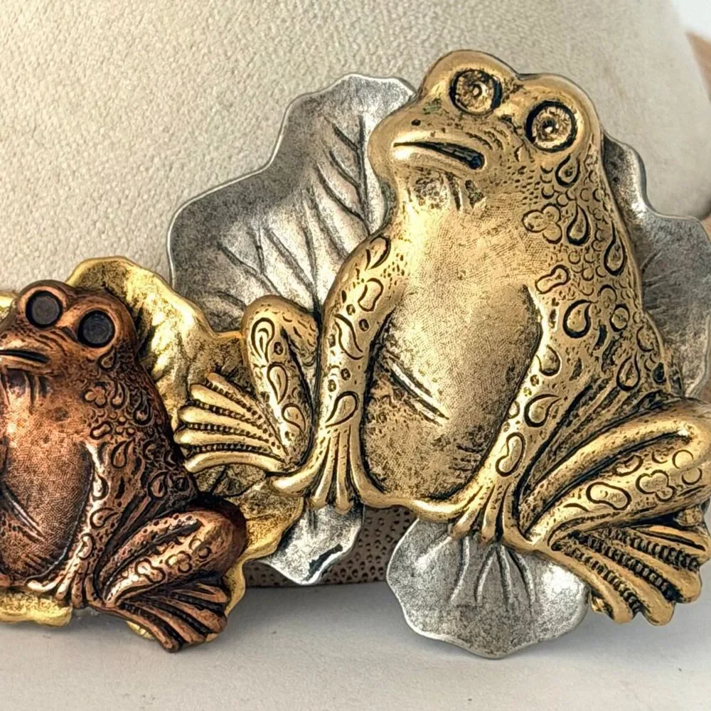 Mixed Metal Frog Family Lily Pad Brooch Statement brooch